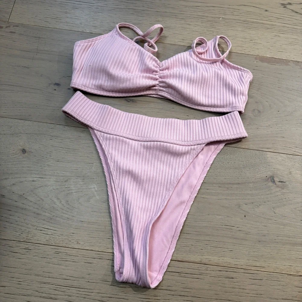 Forever 21 Pink Ribbed Bikini Set High Leg Cheeky Bralette Two Piece Swimsuit